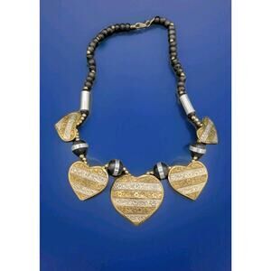 Vintage Brass Silver Tone Graduated Heart Statement Necklace Black Beads